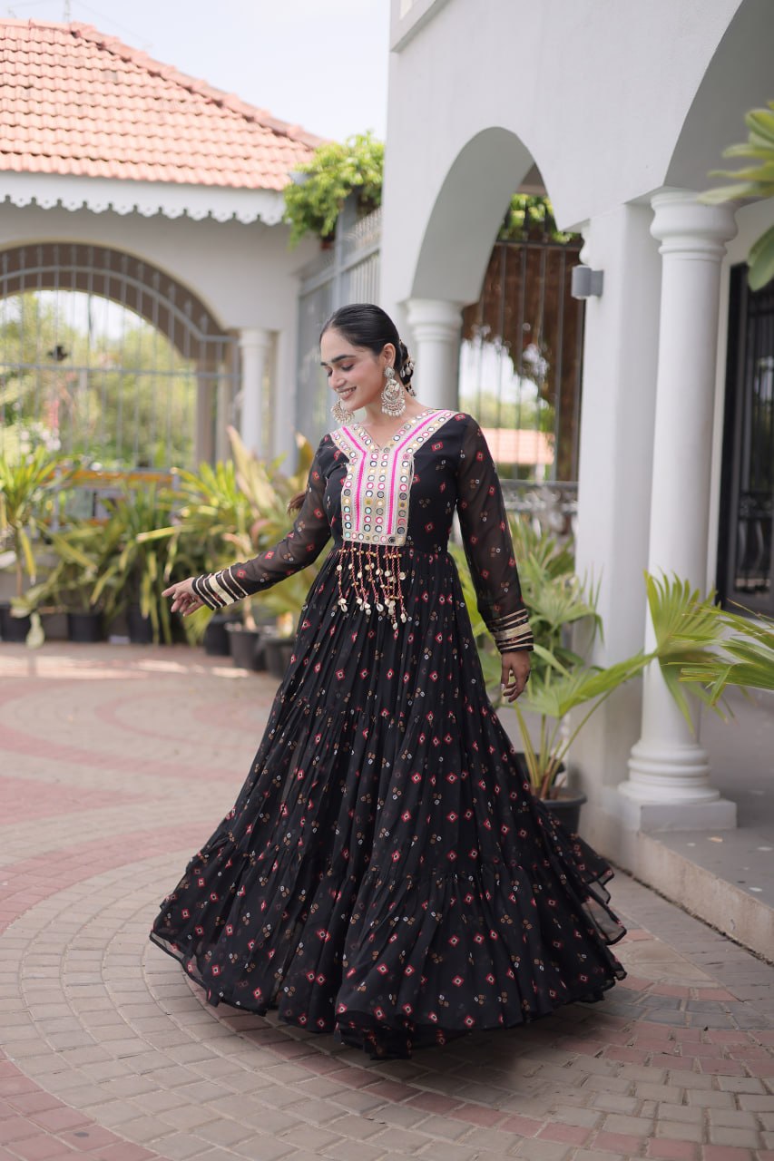 Women Designer Anarkali Gown with Mirror Work & Tassel Detailing