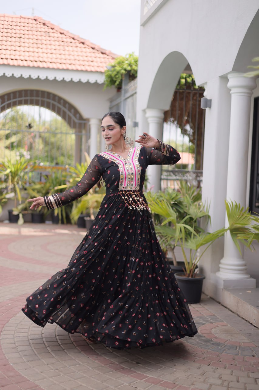 Women Designer Anarkali Gown with Mirror Work & Tassel Detailing
