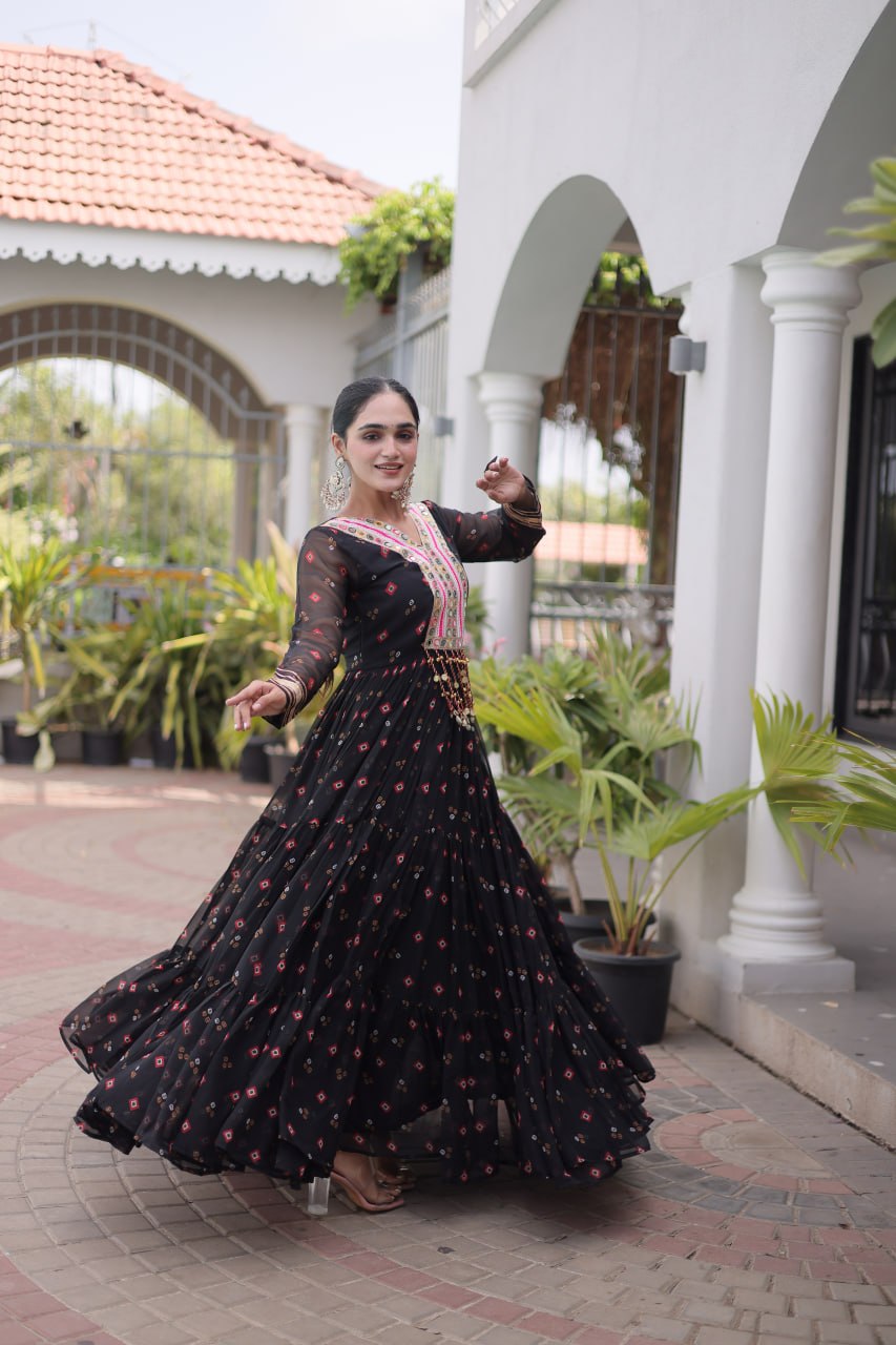 Women Designer Anarkali Gown with Mirror Work & Tassel Detailing