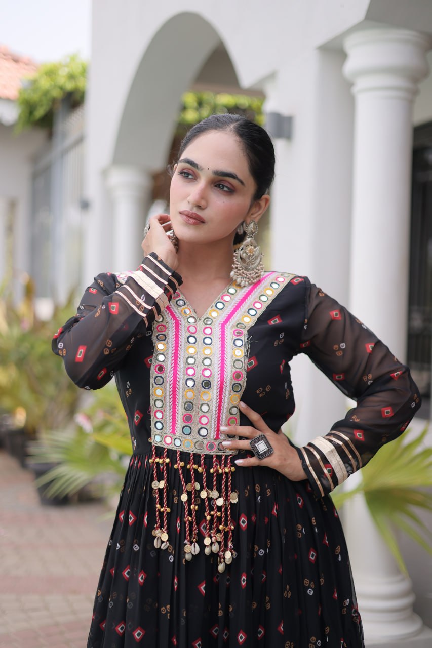 Women Designer Anarkali Gown with Mirror Work & Tassel Detailing