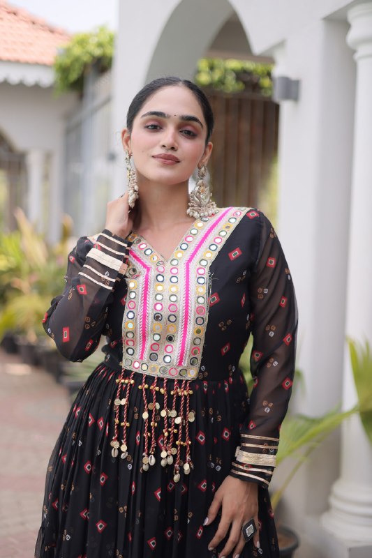 Women Designer Anarkali Gown with Mirror Work & Tassel Detailing