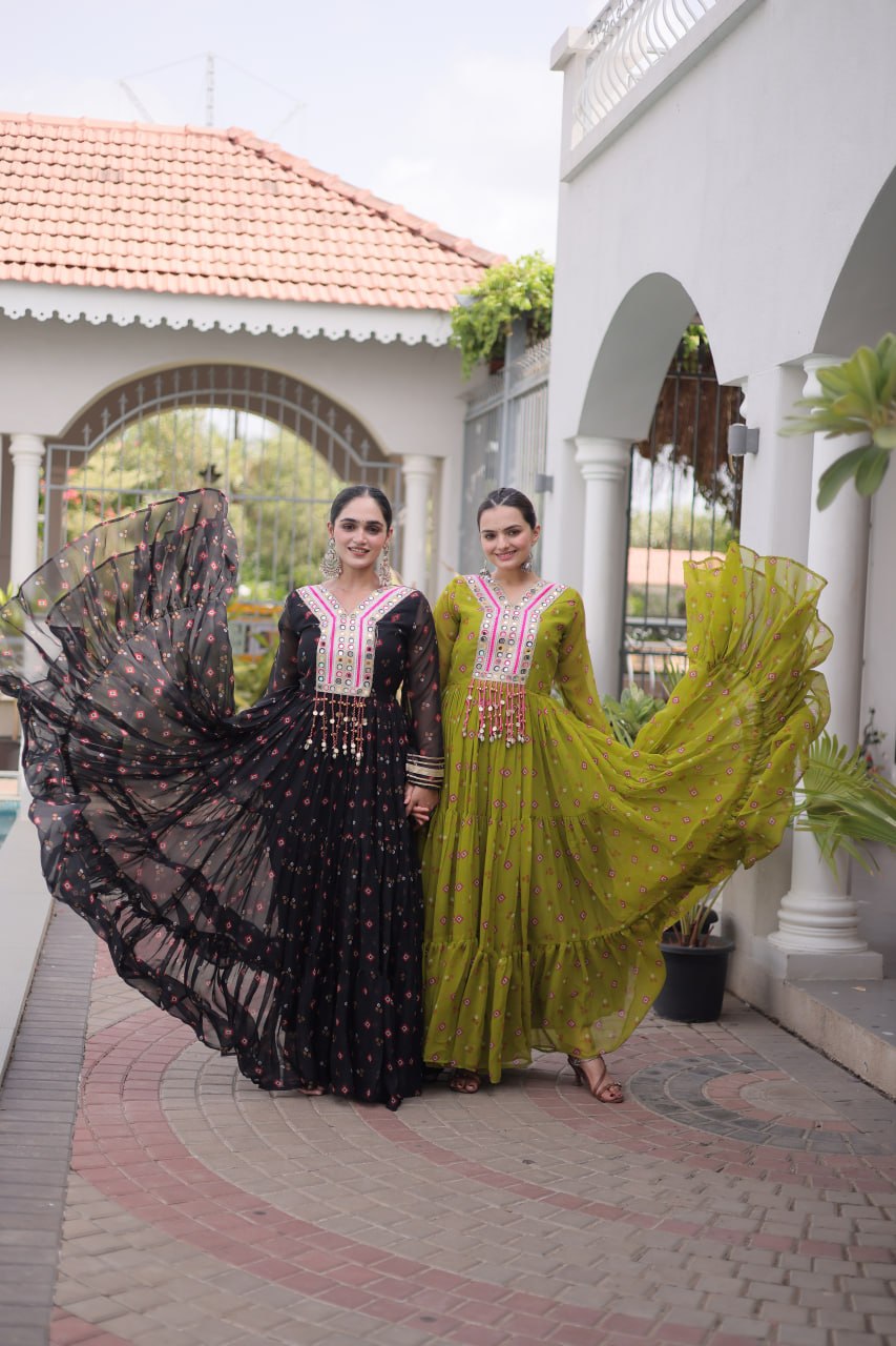 Women Designer Anarkali Gown with Mirror Work & Tassel Detailing