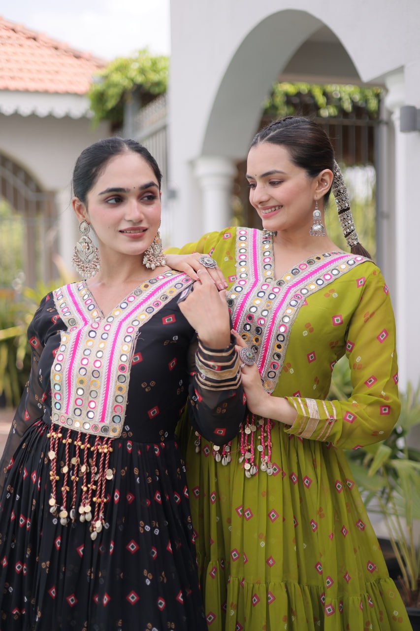 Women Designer Anarkali Gown with Mirror Work & Tassel Detailing