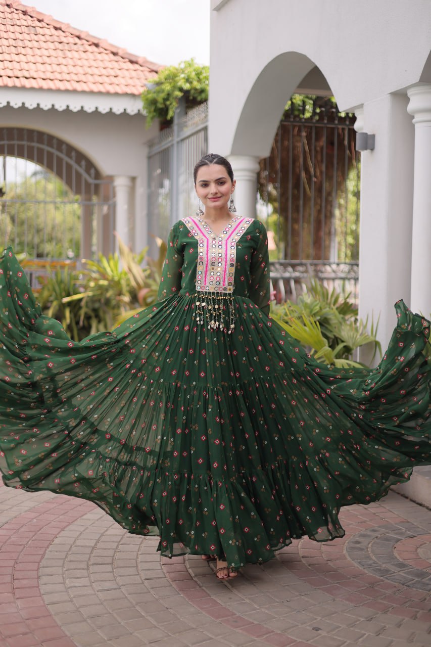 Women Designer Anarkali Gown with Mirror Work & Tassel Detailing