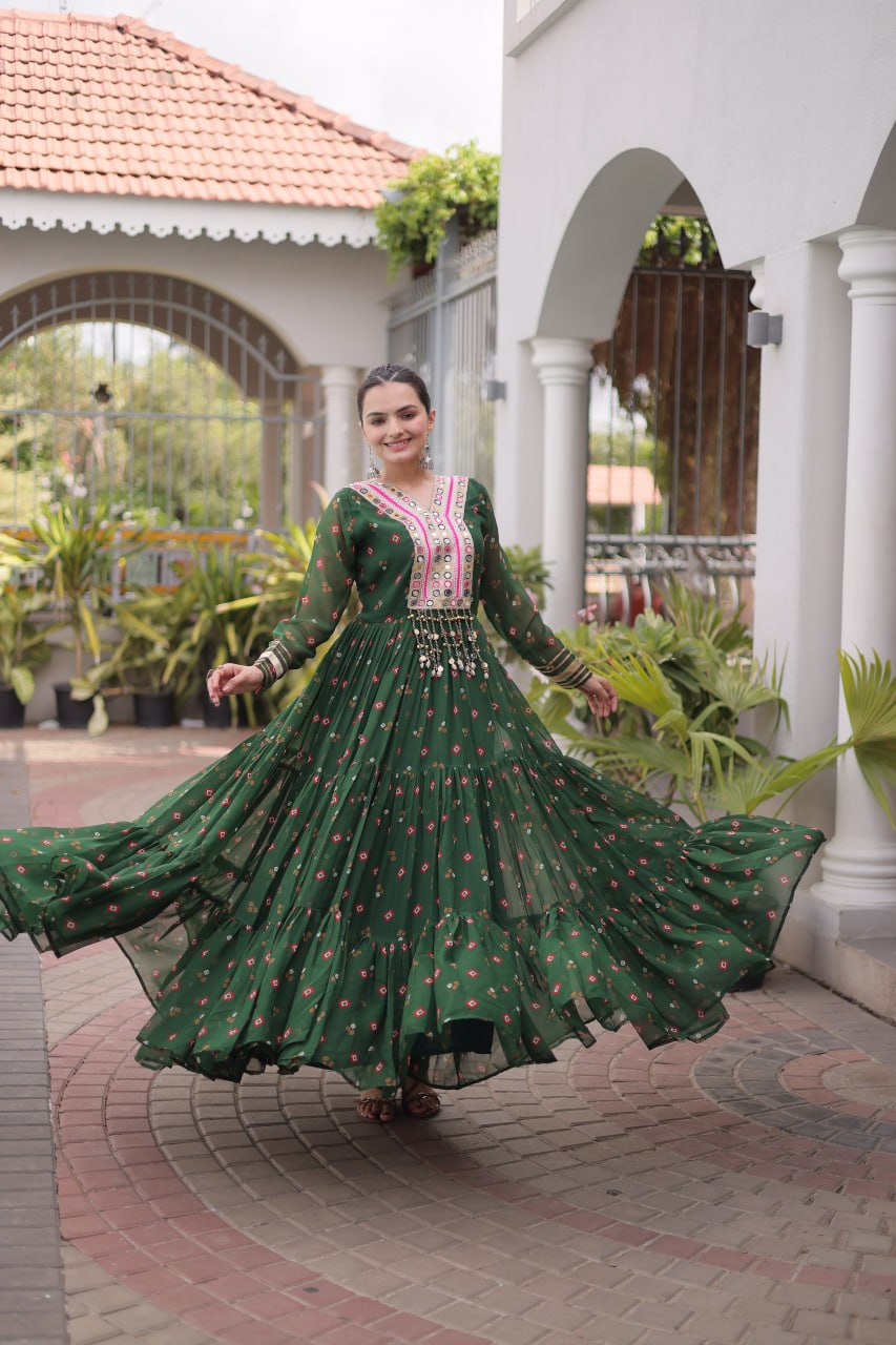 Women Designer Anarkali Gown with Mirror Work & Tassel Detailing
