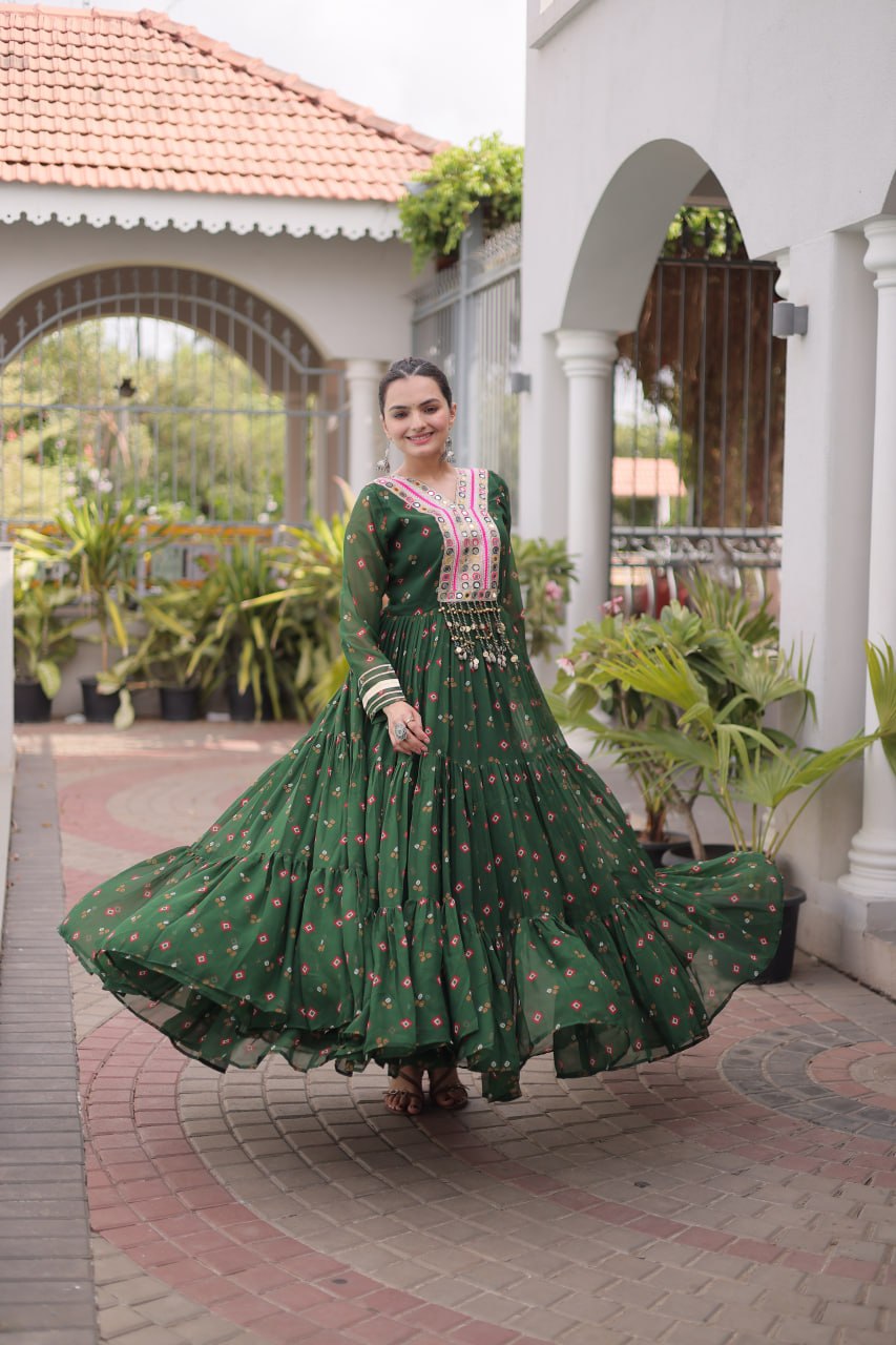 Women Designer Anarkali Gown with Mirror Work & Tassel Detailing
