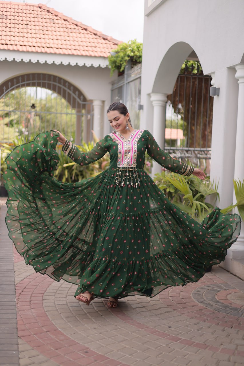 Women Designer Anarkali Gown with Mirror Work & Tassel Detailing
