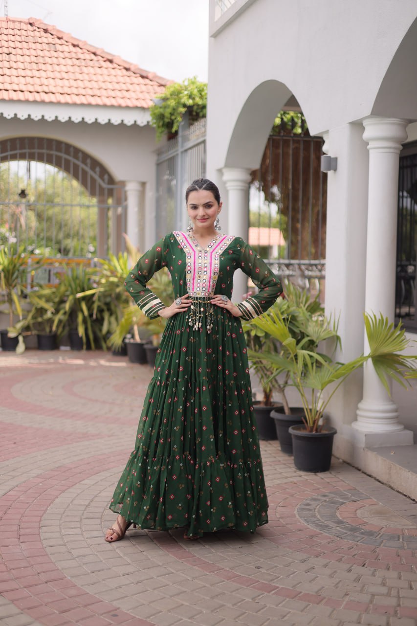 Women Designer Anarkali Gown with Mirror Work & Tassel Detailing