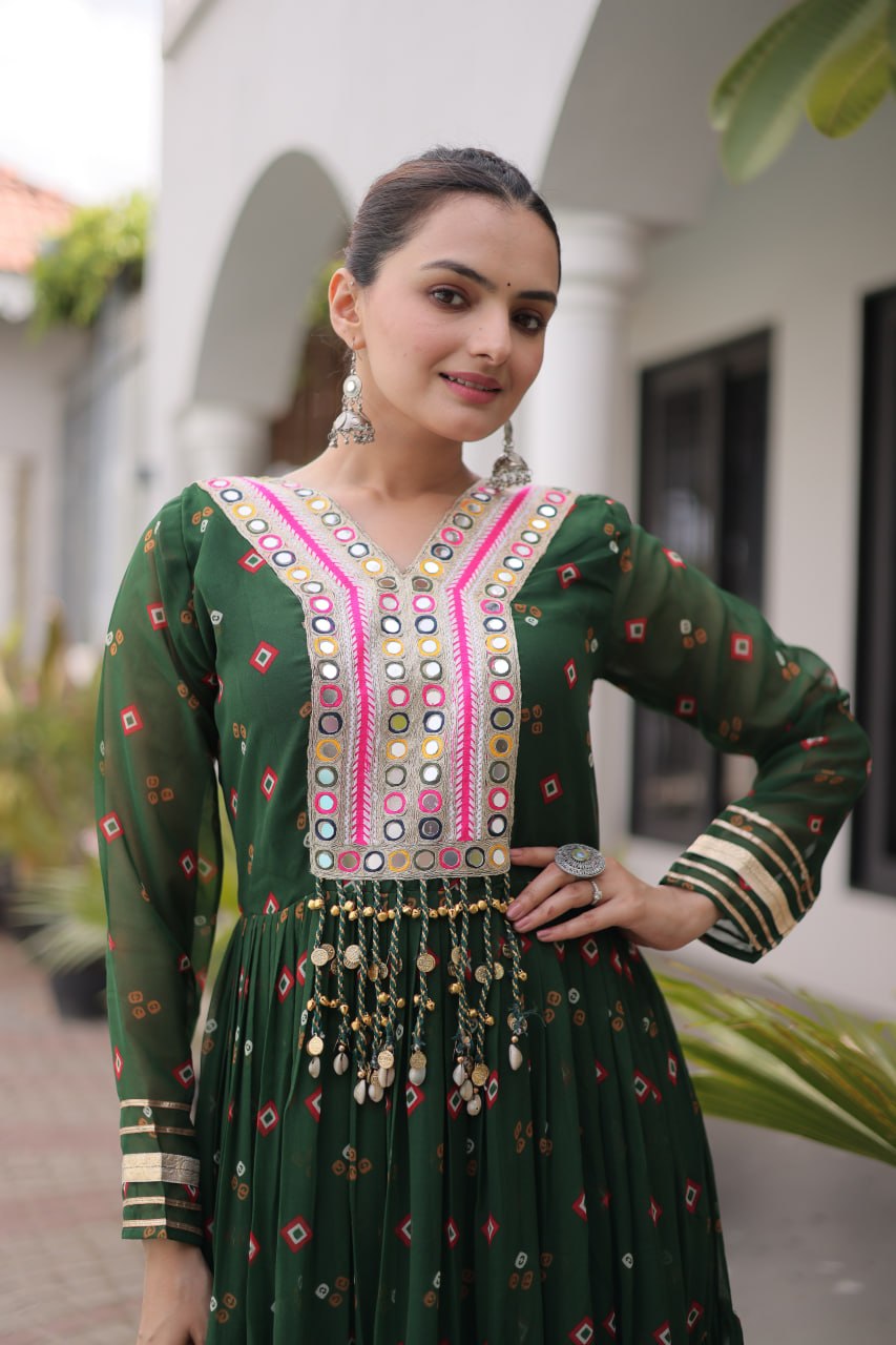Women Designer Anarkali Gown with Mirror Work & Tassel Detailing
