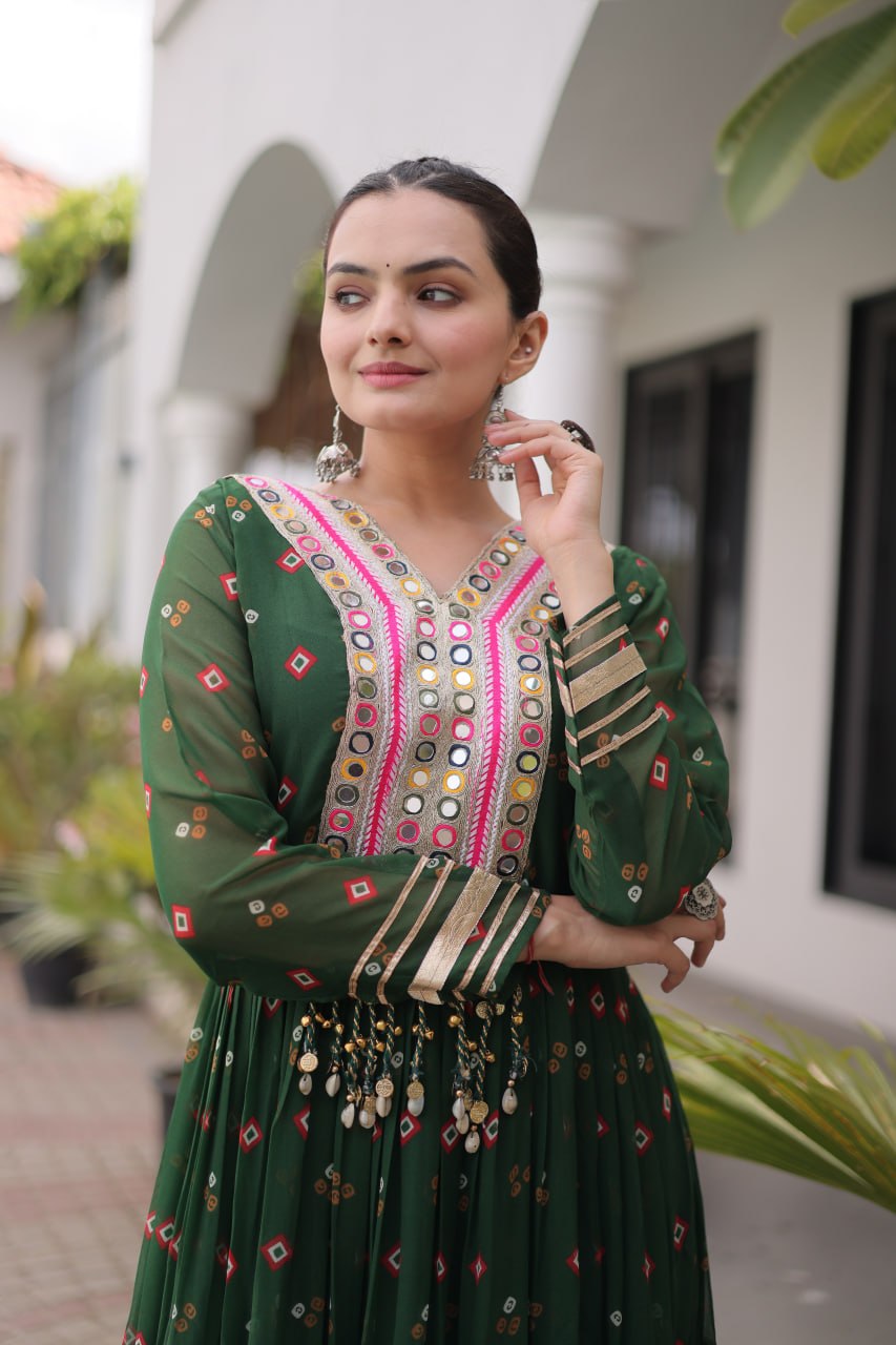 Women Designer Anarkali Gown with Mirror Work & Tassel Detailing