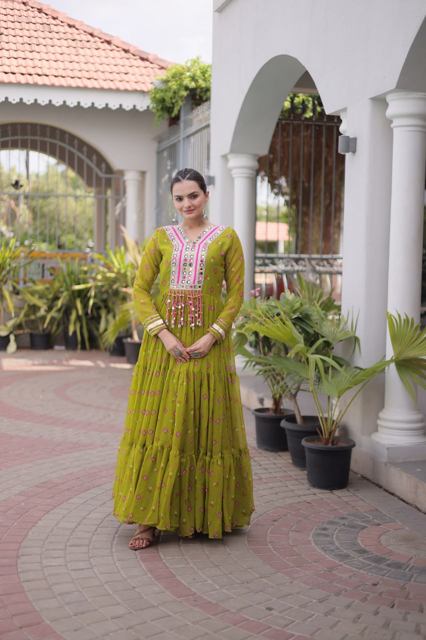 Women Designer Anarkali Gown with Mirror Work & Tassel Detailing