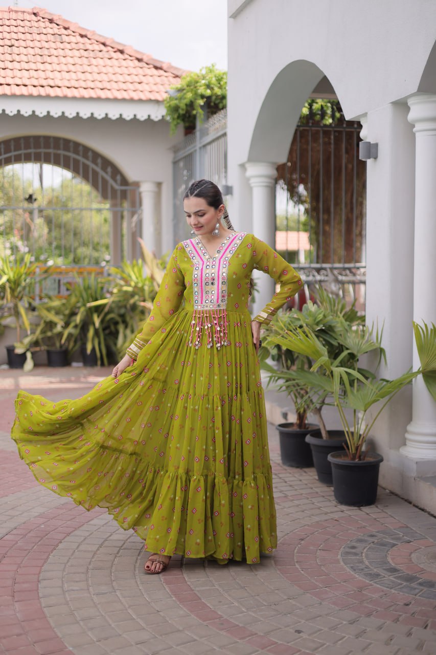 Women Designer Anarkali Gown with Mirror Work & Tassel Detailing