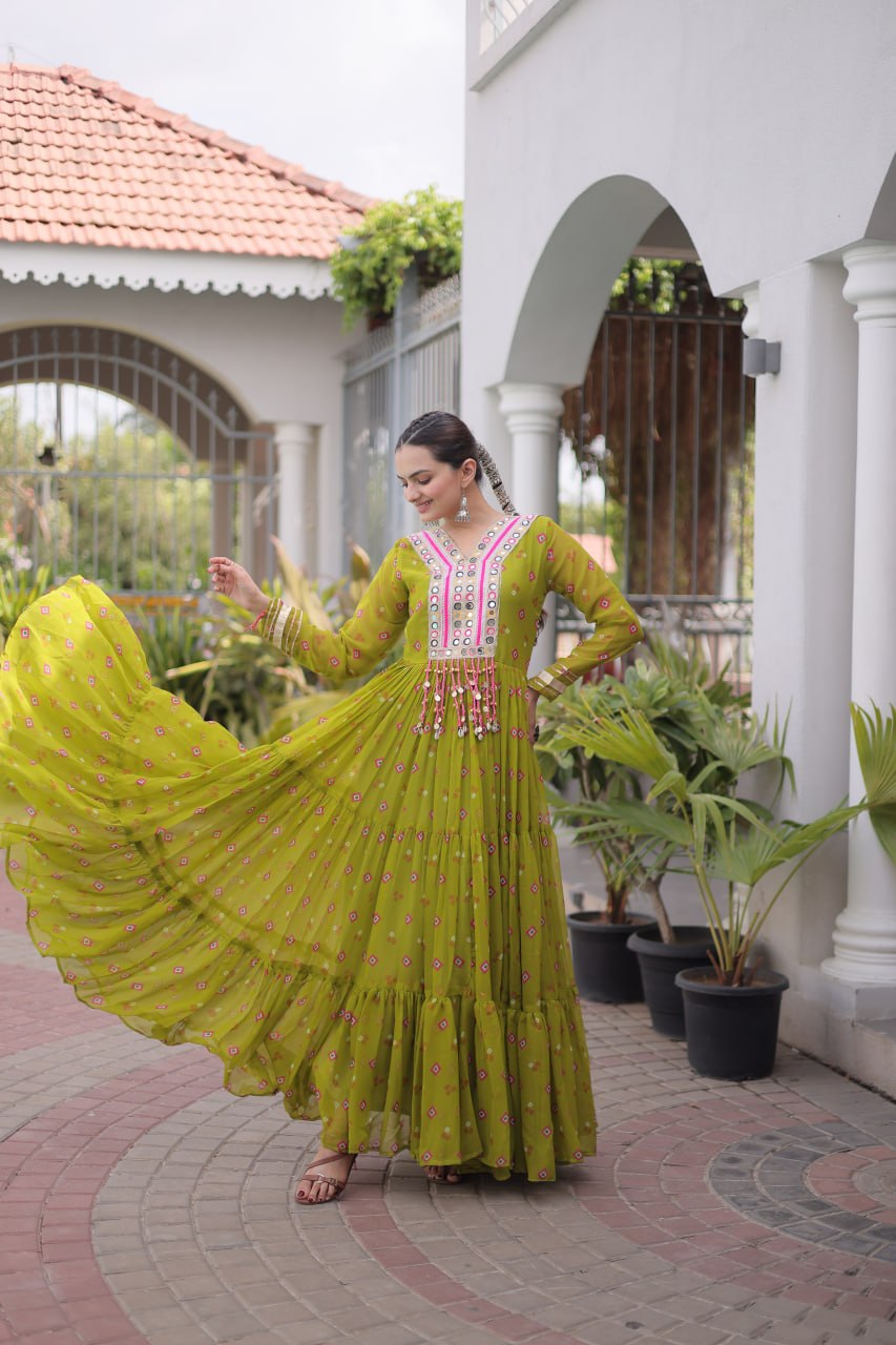 Women Designer Anarkali Gown with Mirror Work & Tassel Detailing