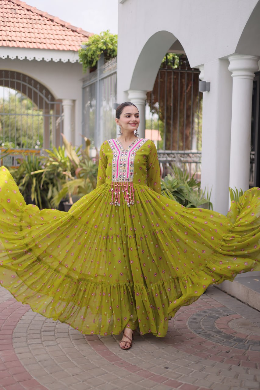 Women Designer Anarkali Gown with Mirror Work & Tassel Detailing
