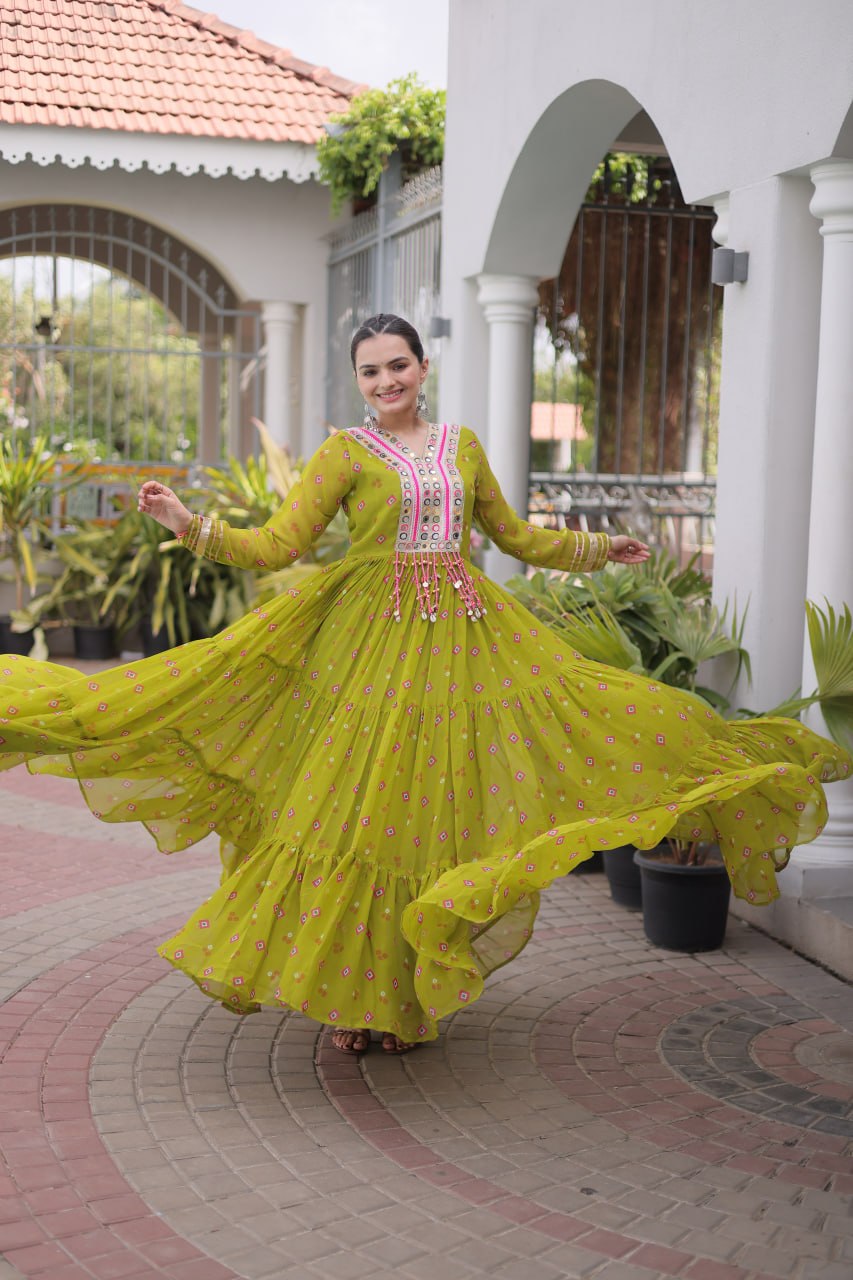 Women Designer Anarkali Gown with Mirror Work & Tassel Detailing