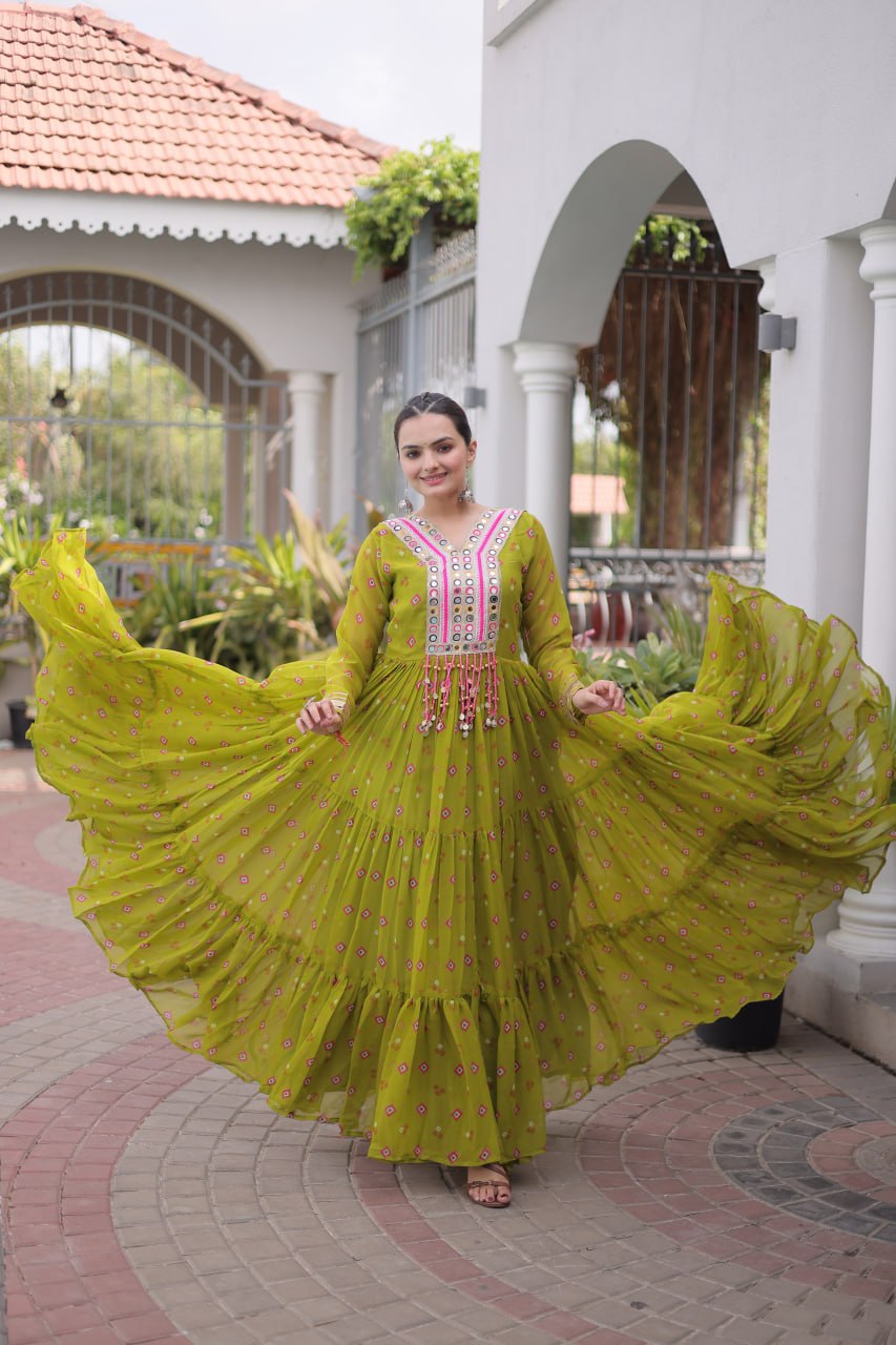 Women Designer Anarkali Gown with Mirror Work & Tassel Detailing