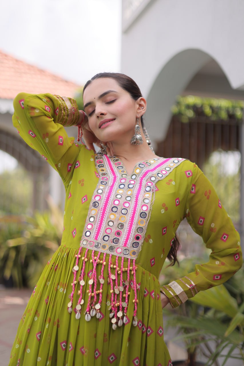 Women Designer Anarkali Gown with Mirror Work & Tassel Detailing