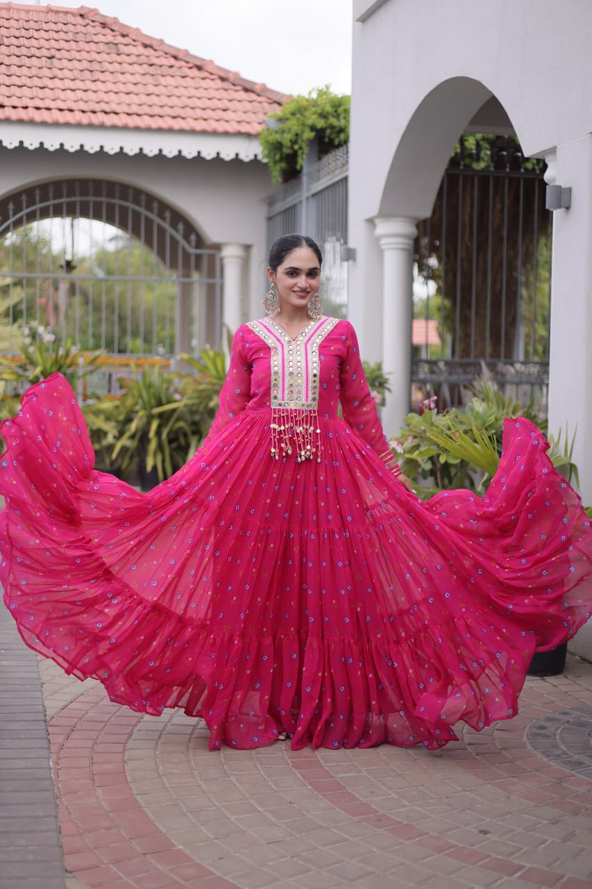 Women Designer Anarkali Gown with Mirror Work & Tassel Detailing