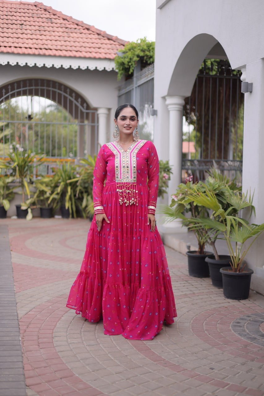 Women Designer Anarkali Gown with Mirror Work & Tassel Detailing