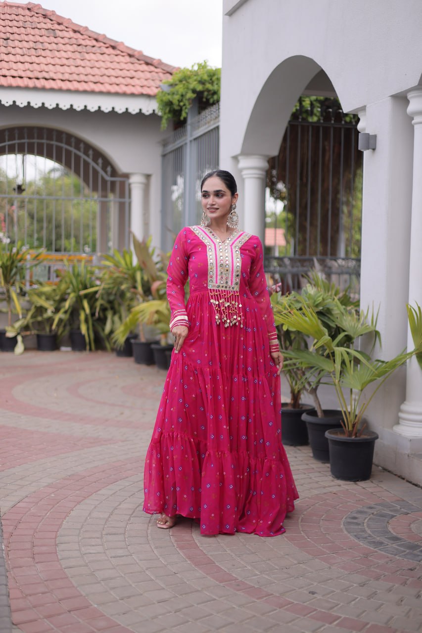 Women Designer Anarkali Gown with Mirror Work & Tassel Detailing