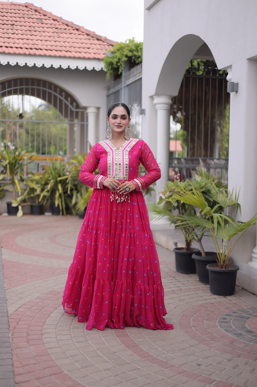 Women Designer Anarkali Gown with Mirror Work & Tassel Detailing