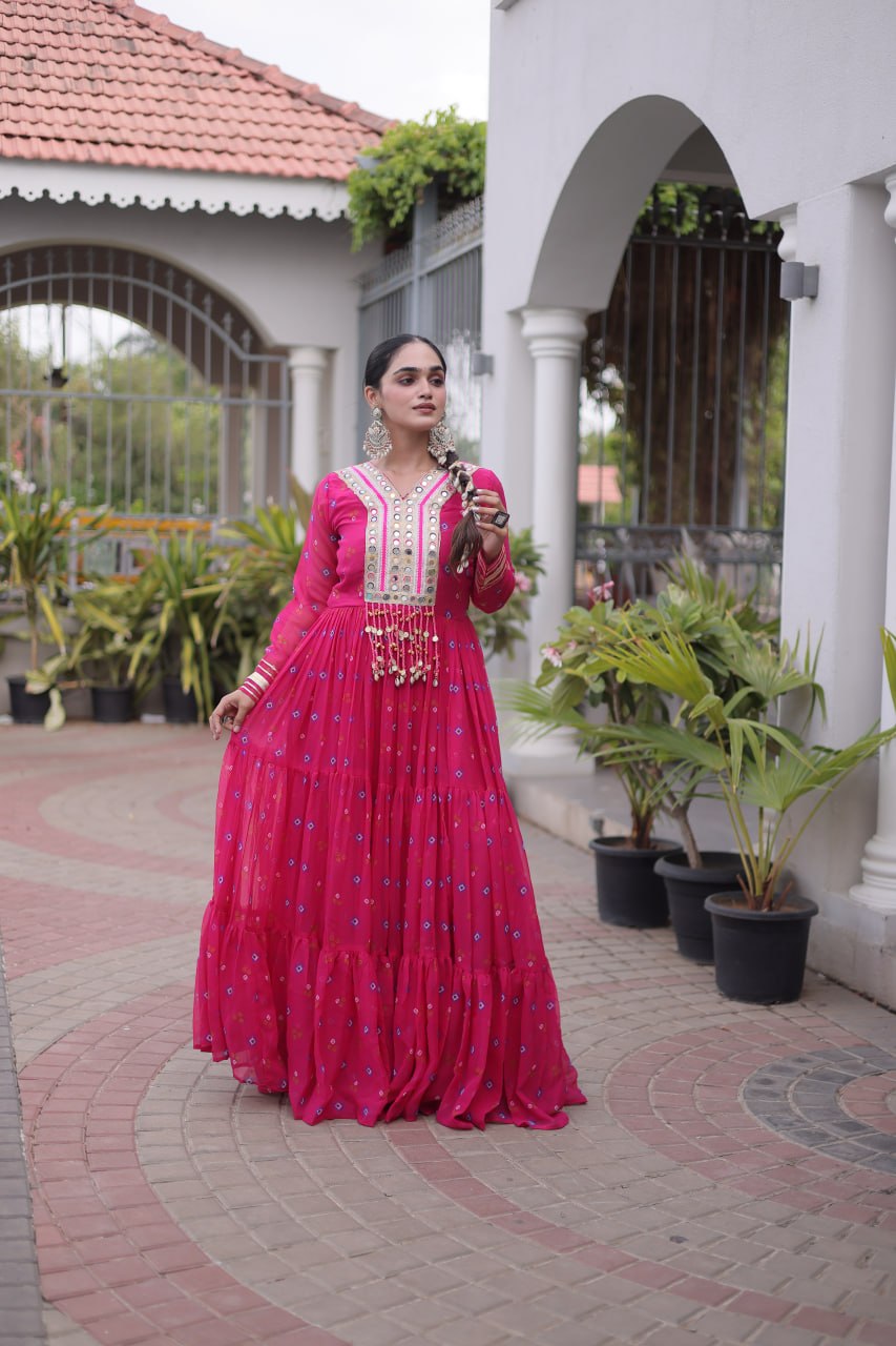 Women Designer Anarkali Gown with Mirror Work & Tassel Detailing