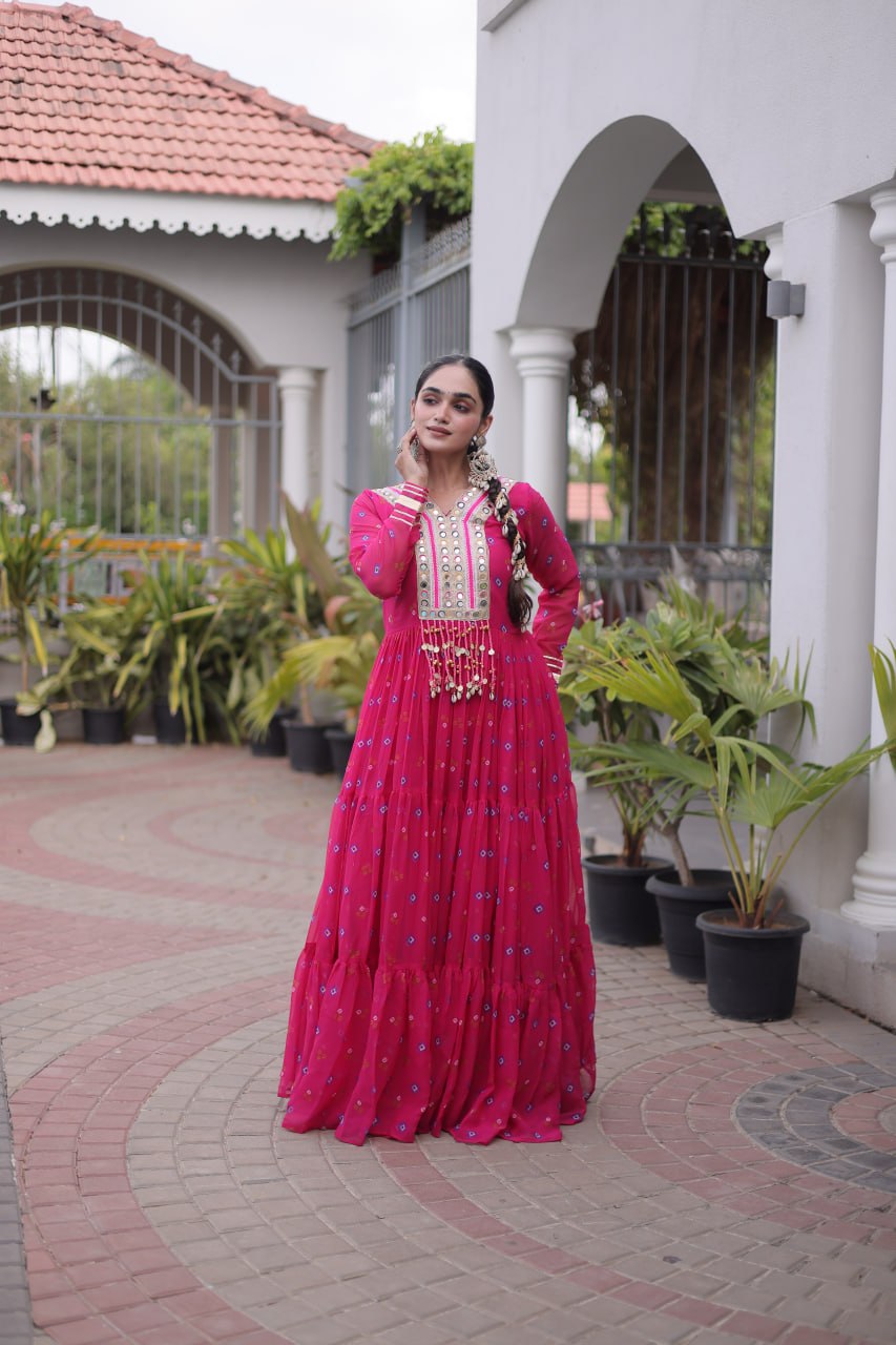Women Designer Anarkali Gown with Mirror Work & Tassel Detailing
