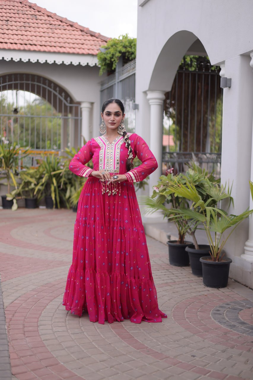 Women Designer Anarkali Gown with Mirror Work & Tassel Detailing
