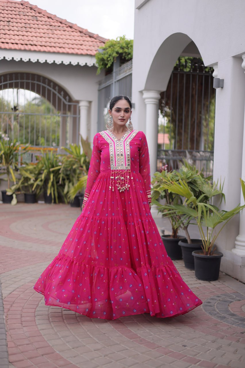 Women Designer Anarkali Gown with Mirror Work & Tassel Detailing