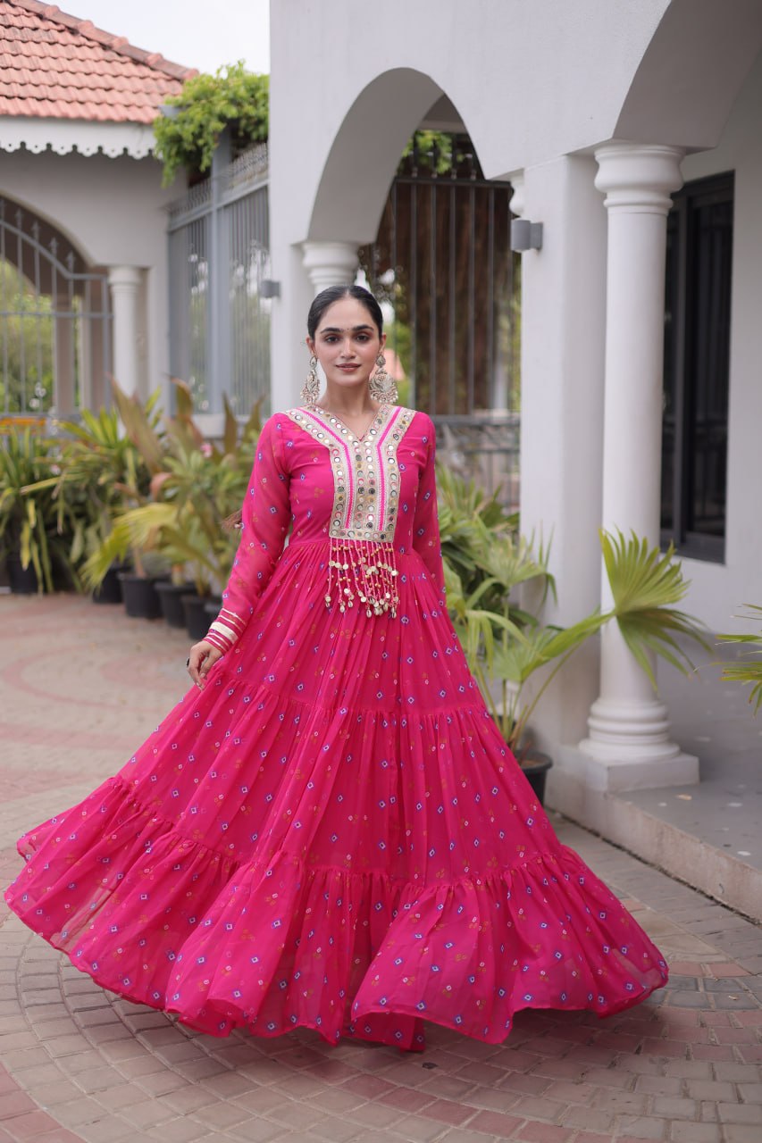 Women Designer Anarkali Gown with Mirror Work & Tassel Detailing