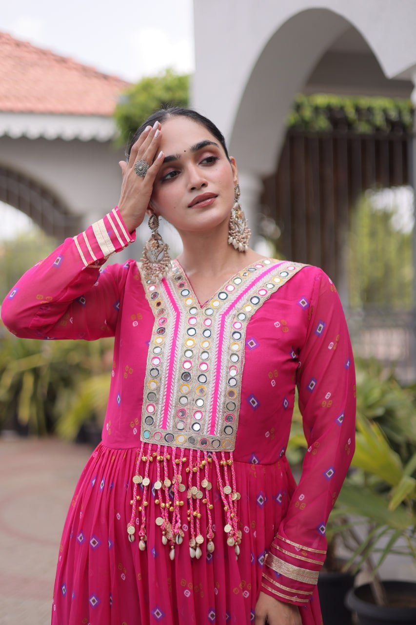 Women Designer Anarkali Gown with Mirror Work & Tassel Detailing