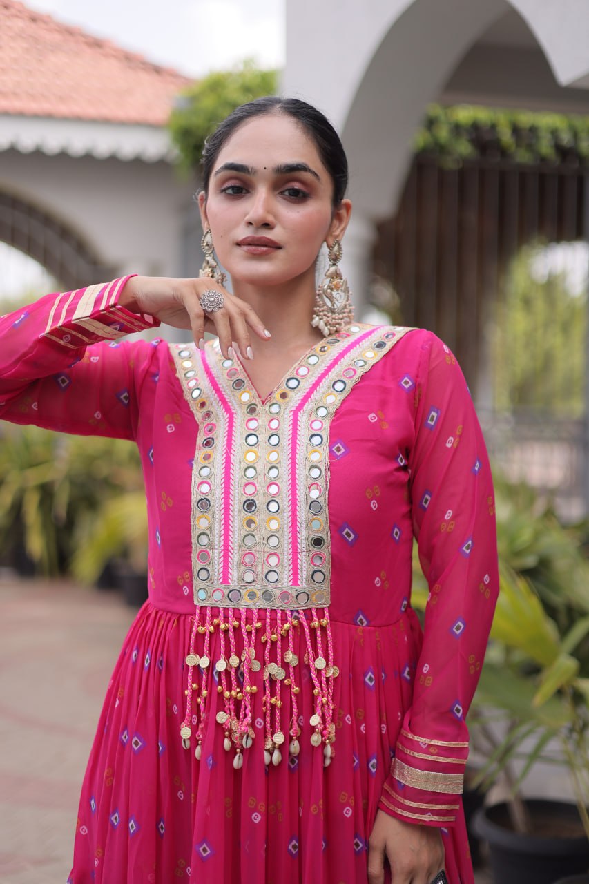 Women Designer Anarkali Gown with Mirror Work & Tassel Detailing