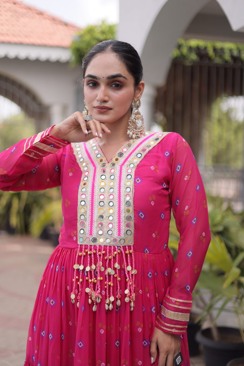 Women Designer Anarkali Gown with Mirror Work & Tassel Detailing