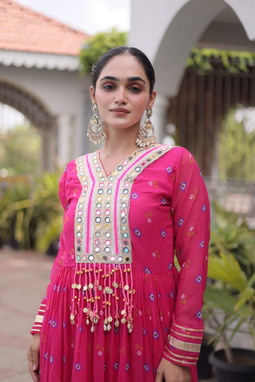 Women Designer Anarkali Gown with Mirror Work & Tassel Detailing