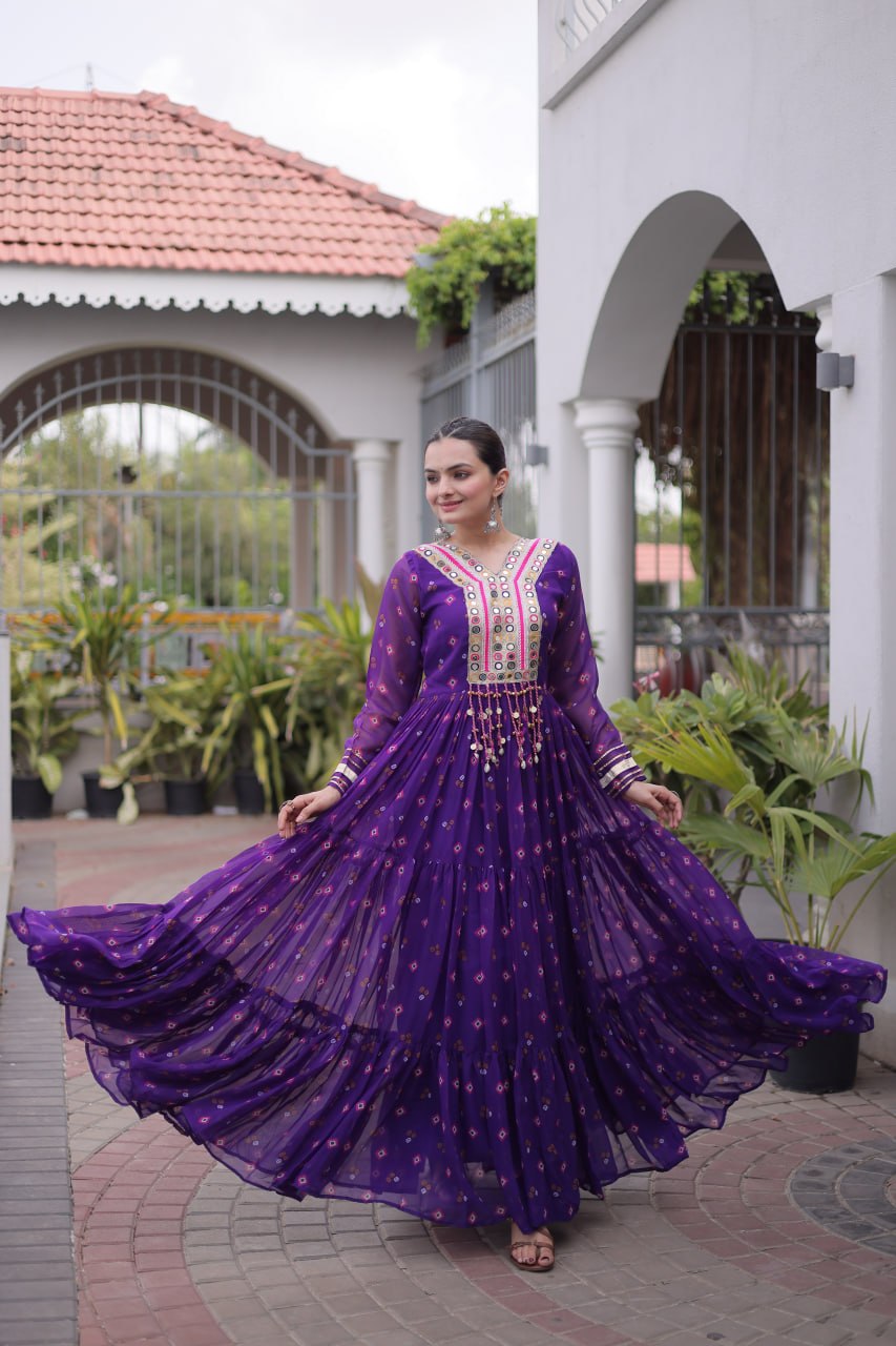 Women Designer Anarkali Gown with Mirror Work & Tassel Detailing