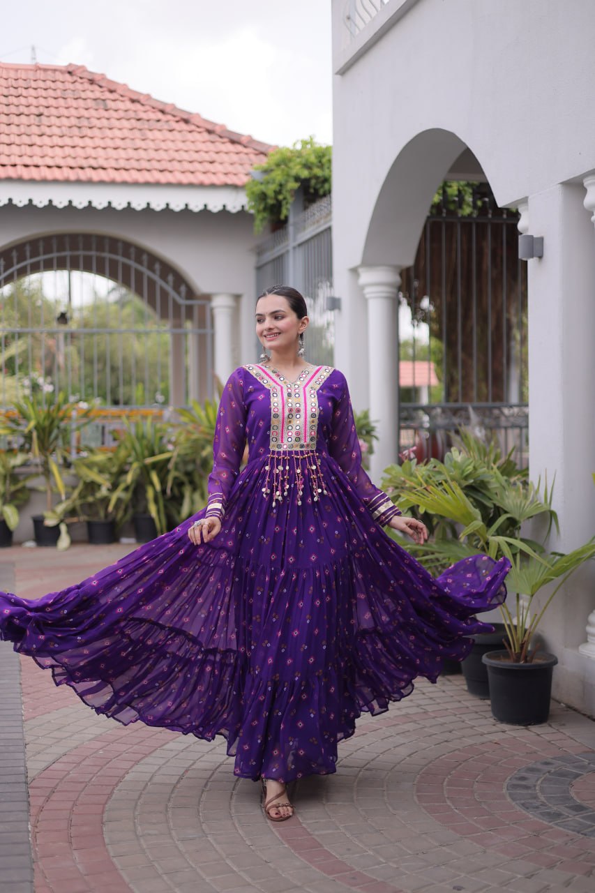 Women Designer Anarkali Gown with Mirror Work & Tassel Detailing