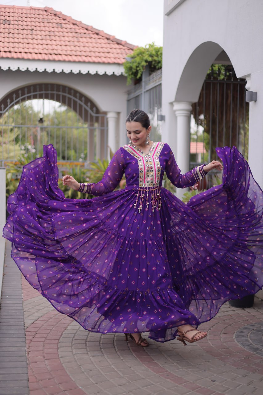 Women Designer Anarkali Gown with Mirror Work & Tassel Detailing