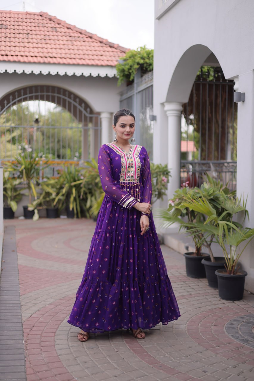 Women Designer Anarkali Gown with Mirror Work & Tassel Detailing