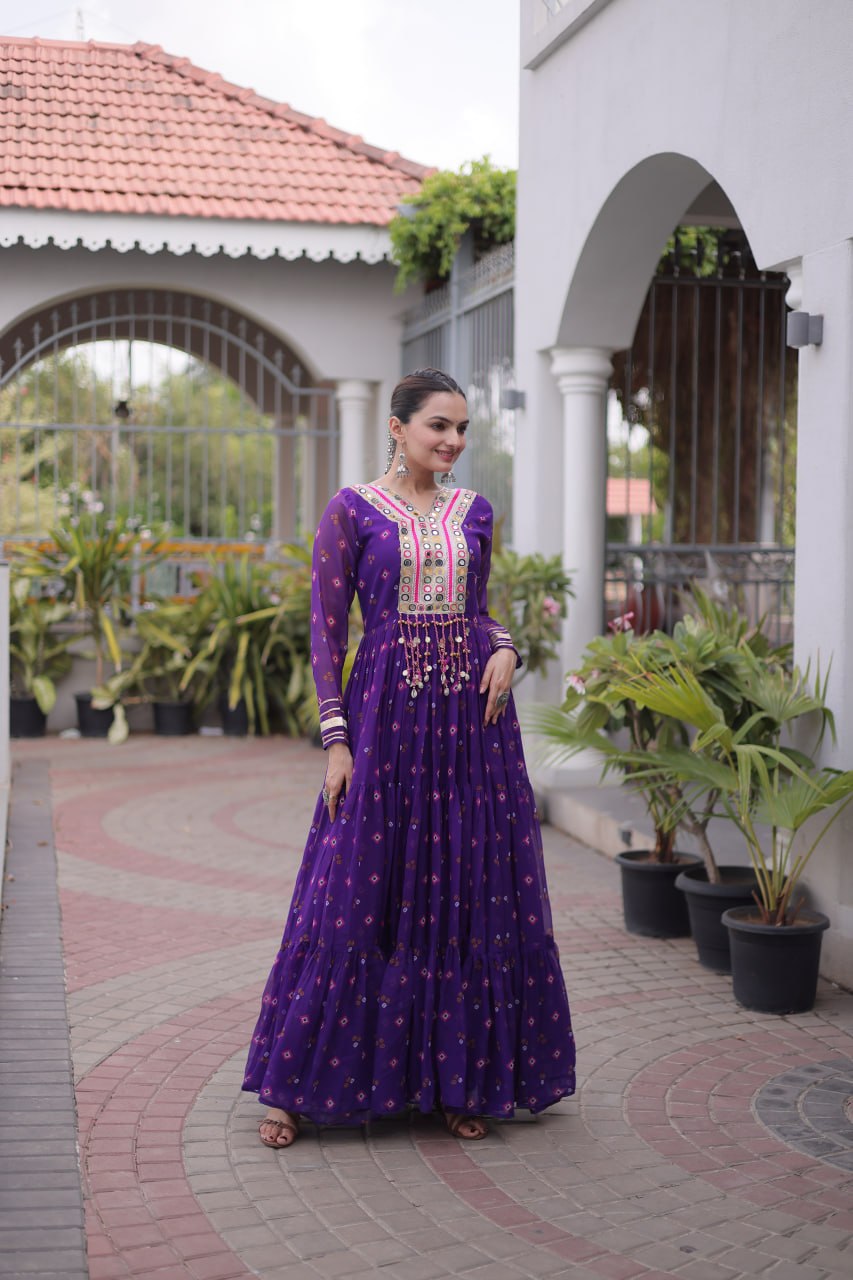 Women Designer Anarkali Gown with Mirror Work & Tassel Detailing