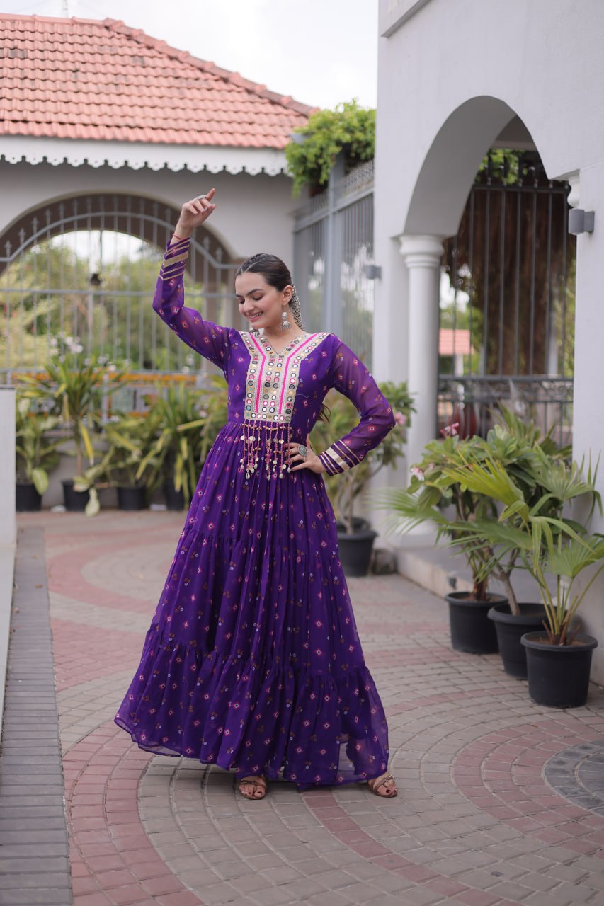 Women Designer Anarkali Gown with Mirror Work & Tassel Detailing