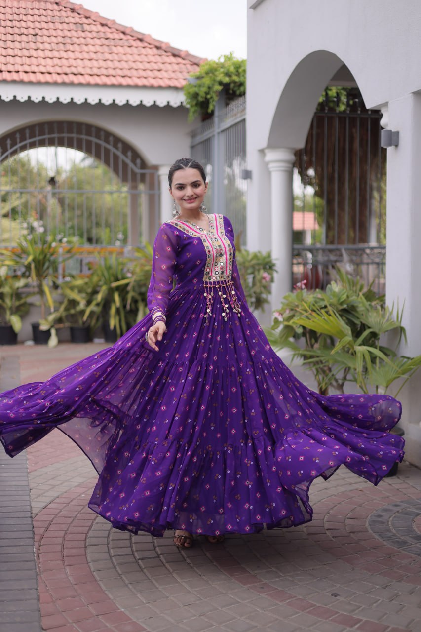 Women Designer Anarkali Gown with Mirror Work & Tassel Detailing