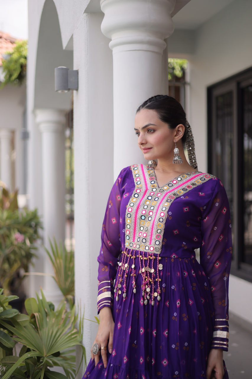 Women Designer Anarkali Gown with Mirror Work & Tassel Detailing