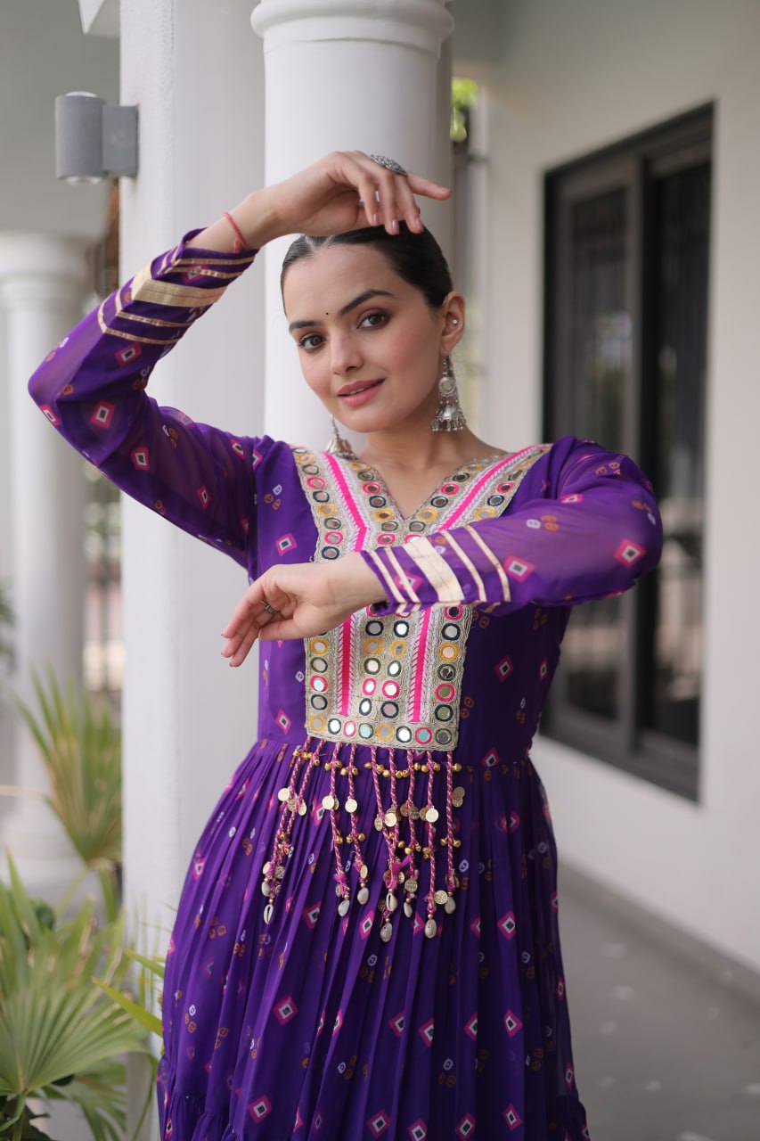 Women Designer Anarkali Gown with Mirror Work & Tassel Detailing
