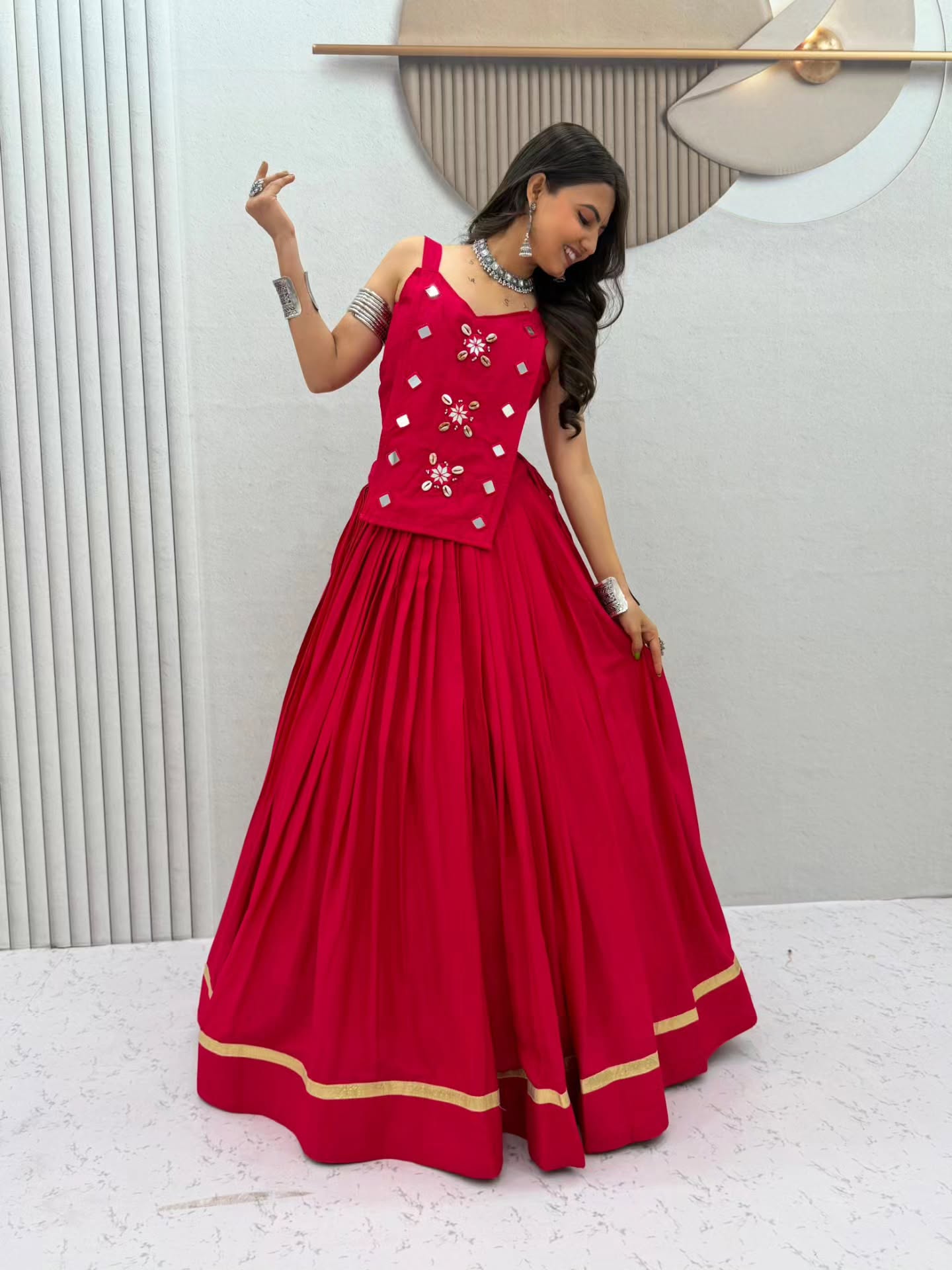 Women Designer Flared Lehenga Choli with Mirror Work Detailing