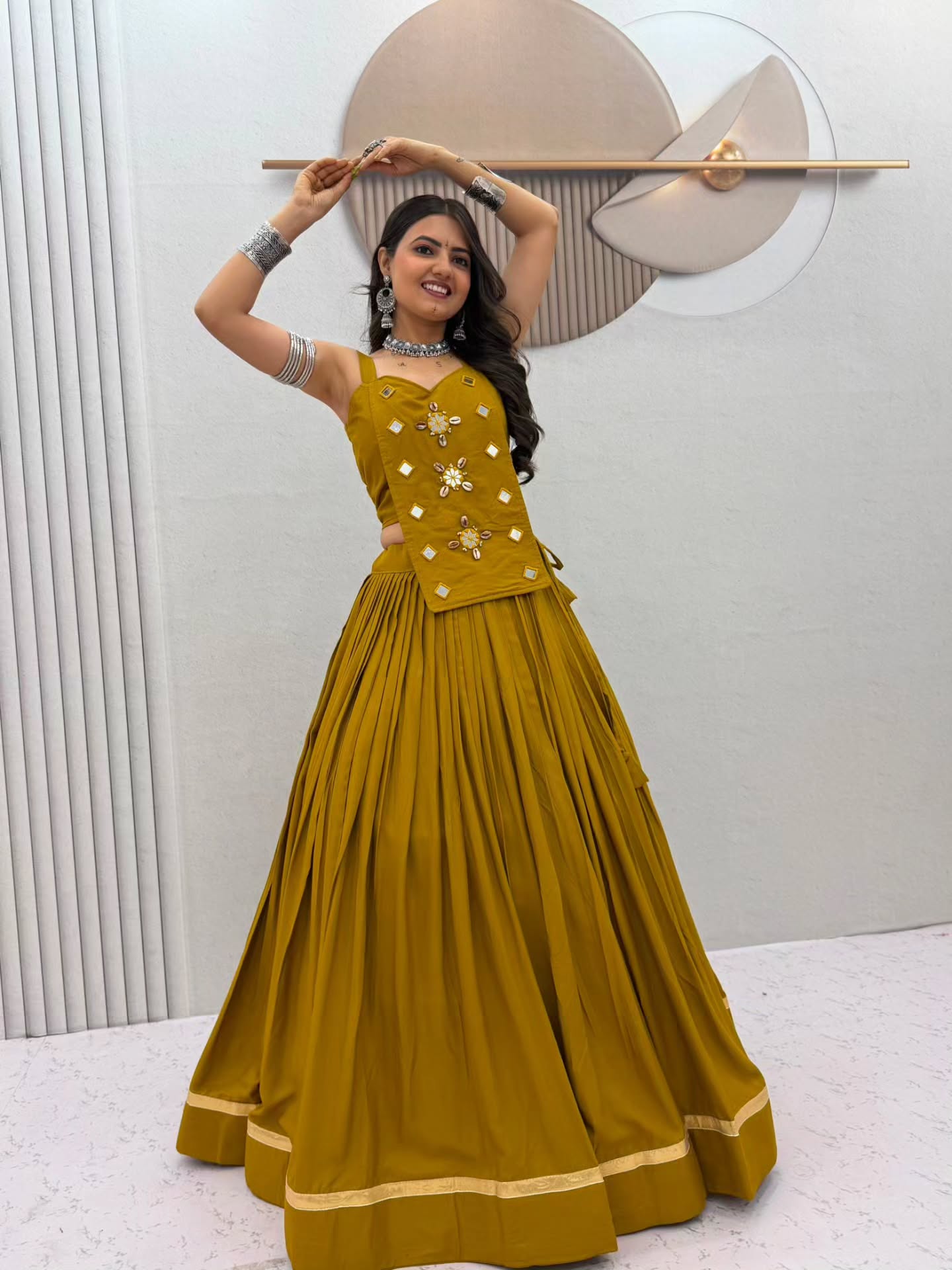 Women Designer Flared Lehenga Choli with Mirror Work Detailing