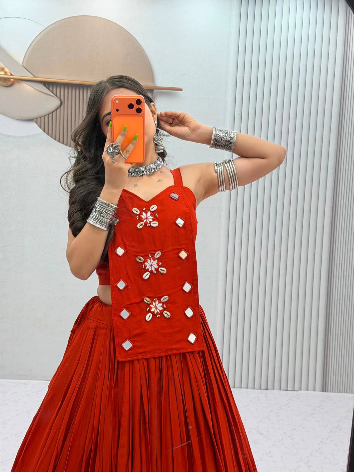 Women Designer Flared Lehenga Choli with Mirror Work Detailing