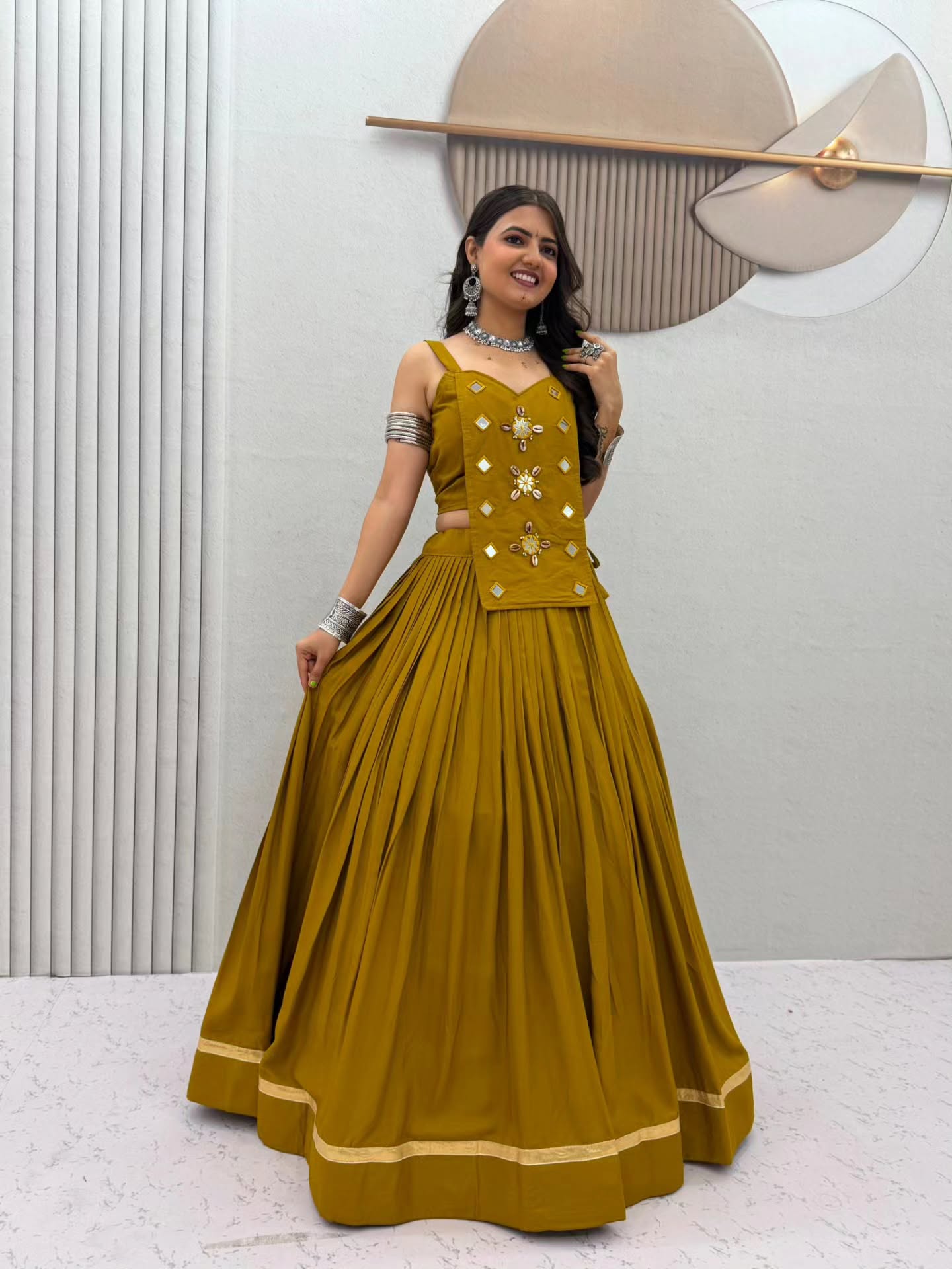 Women Designer Flared Lehenga Choli with Mirror Work Detailing
