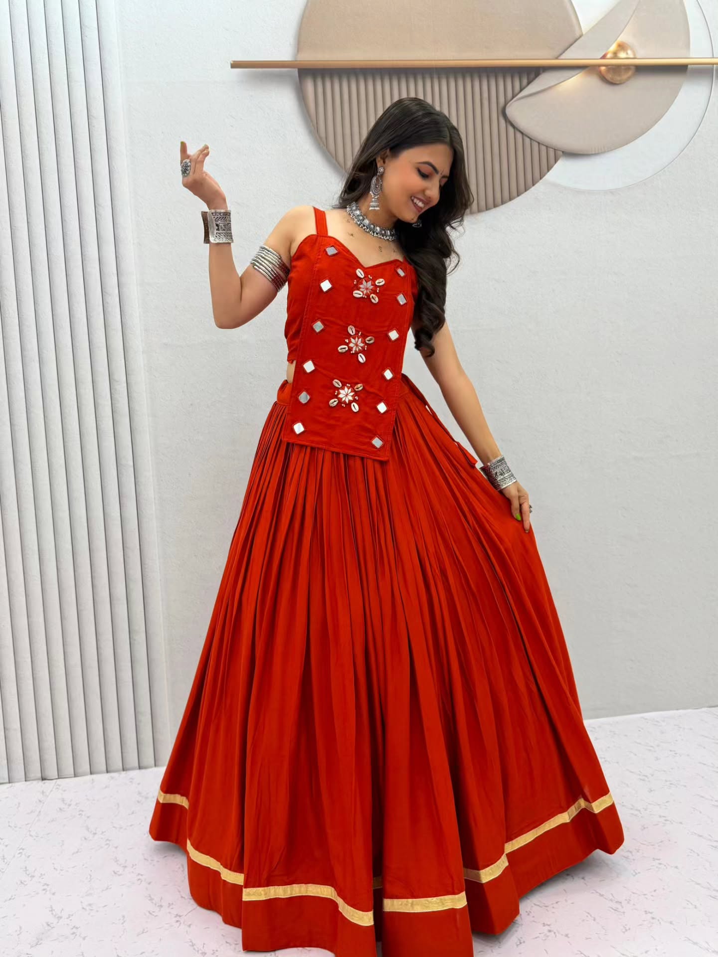 Women Designer Flared Lehenga Choli with Mirror Work Detailing