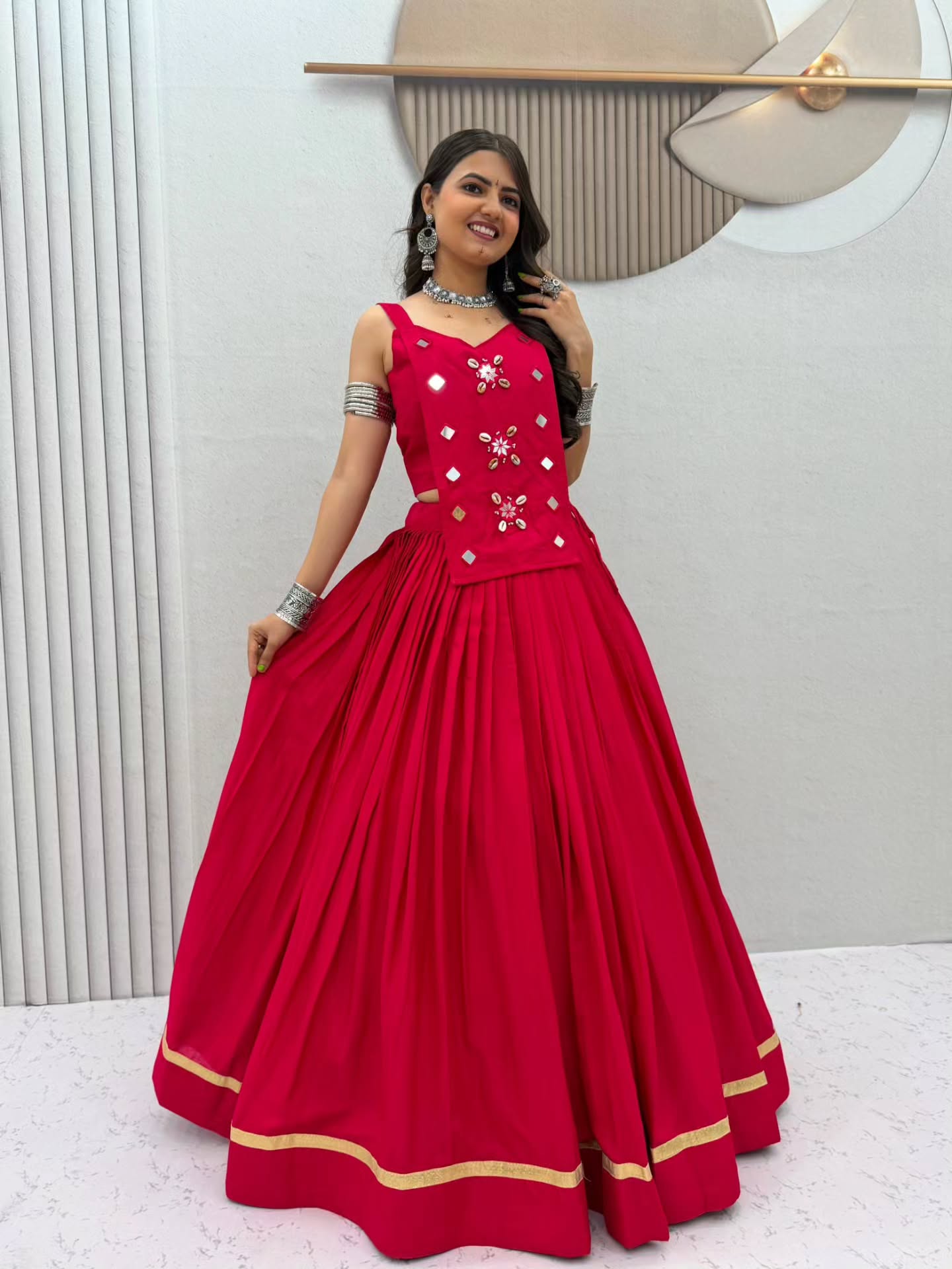 Women Designer Flared Lehenga Choli with Mirror Work Detailing
