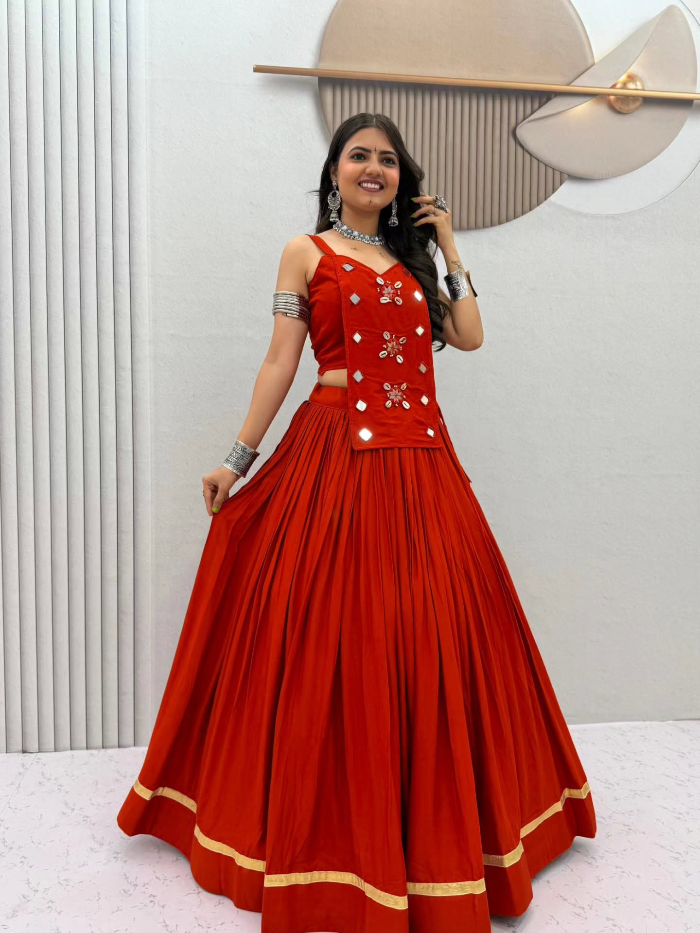 Women Designer Flared Lehenga Choli with Mirror Work Detailing